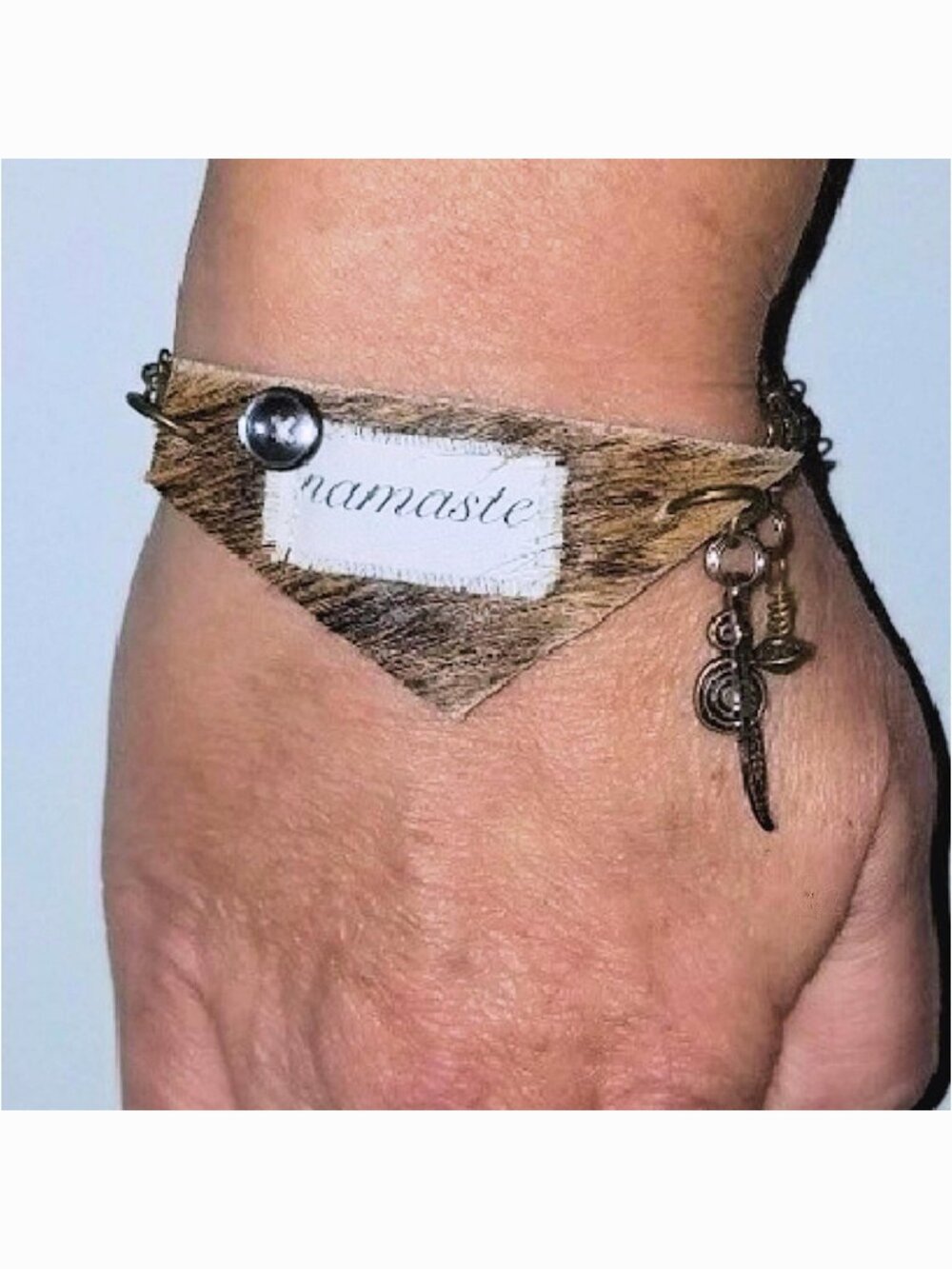 Namaste Leather Bracelet Chain Link Inspirational Jewelry Feather Swirl Charms